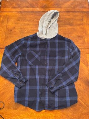 Blue and Black Plaid Hooded Flannel Shirt